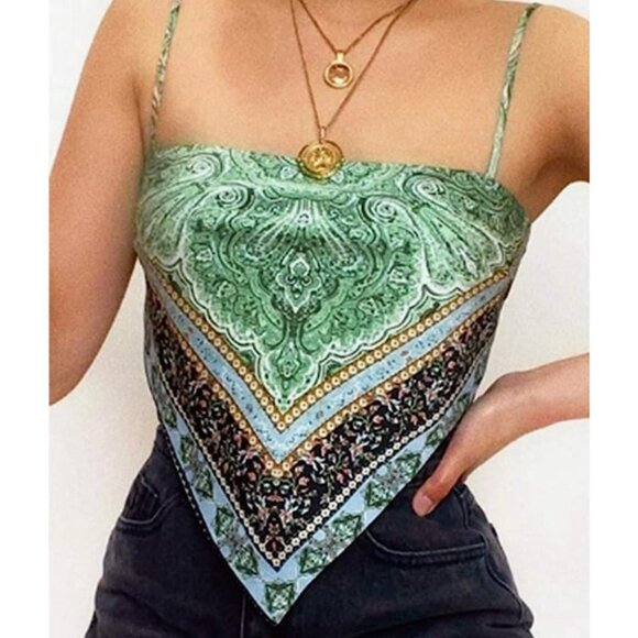 Green Printed Satin Silk Bandana Crop Top Tie Back Triangle Sleeveless Cami Top - Picture 2 of 9